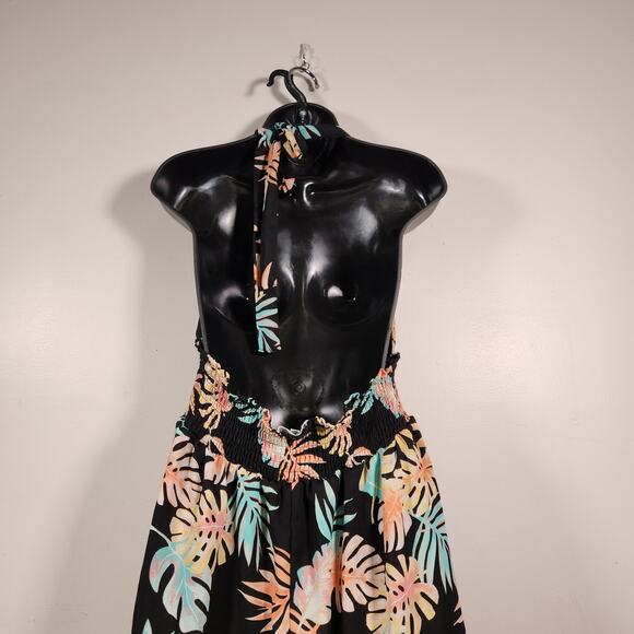 MADDEN NYC Black Beauty Plunge Halter Dress Juniors XL Black Pastel Tropical - Picture 9 of 11